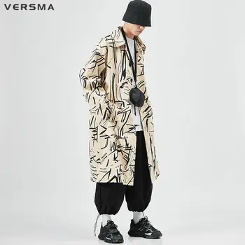 VERSMA korejski Oblačila Grafiti, Tiskanje Prikrivanje Dolgo Moški Ženske Jarek Plašč Hip Hop Prevelik Windbreaker Moški Jopiči Plus Velikost