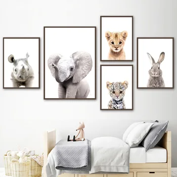 Slon, Žirafa, Lev Leopard Zajec Safari Vrtec Wall Art Natisne Platno Slikarstvo Nordijska Plakat Dekor Slike Baby Otroci Soba