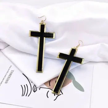 Evro-Ameriški Stil Dolgo Črno Krščanski Križ, Veliki Uhani Pretirana Geometrijo Osebno Izjavo Vere Eardrop Nakit