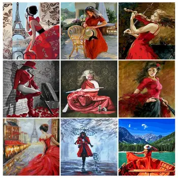 GATYZTORY Olje, Barvanje Z Številkami ženska v rdeči DIY Barve Z Številkami Na Platnu Slika 40x50cm brez okvirjev Risanje Število Stenski Dekor
