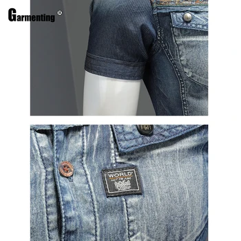 Moda Vrhovi 2021 Poletje Kratek Rokav Model Nov Mozaik Mens Traper Majica Priložnostne Slim Jean Denim Bluzo Seksi Moških Oblačil