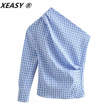 XEASY Ženske 2021 Moda Naguban Asimetrija Preverite Vintage Bluze Eno Ramo Nazaj Gumb-Up Ženske Majice Blusas Elegantna Vrhovi