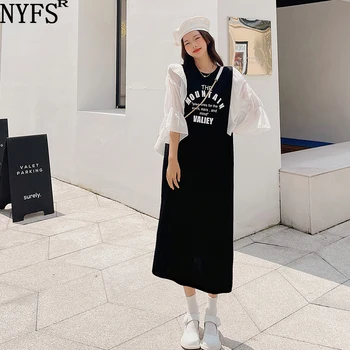 NYFS Poletje Obleko 2021 korejski Novo Ohlapno Mozaik Ženska Obleka Vestidos Haljo Elbise Moda Najlon Bombaža, Kratek Rokav Obleke