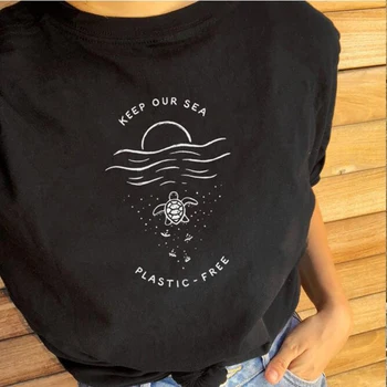 Ohraniti Naše Morje Plastični Prosto Ženske Tshirt Preskočite Slamic Shranjevanje Želve Slogan T-shirt Dekle Zaščito Ocean Tees Bombaž Vrhovi Dropshipping