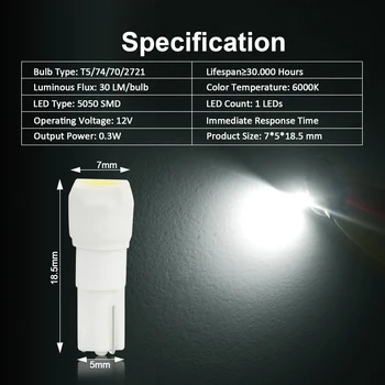10Pcs Super Svetla LED Svetilka T5/74/70 5050Smd Avto Plošči Merilnik Dash Žarnica nadzorni Plošči Instrument Grozd Svetlobe Canbus brez Napak