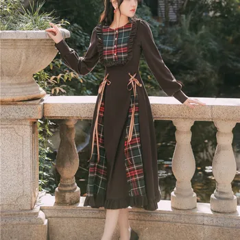 2021 Nove Rjave Ulične Ženska Vintage Oblačil Žensk Velvet Kariran Obleke Cottagecore Poletje Pomlad Visoko Pasu Ruffles Obleko