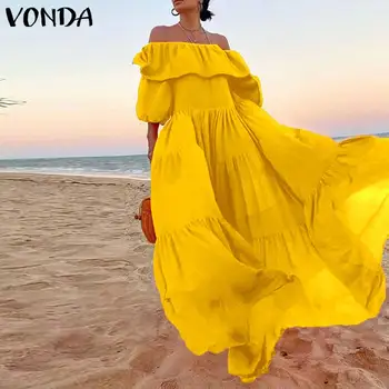 Ženske'Summer Sundress Seksi Off Ramenski Večer Stranka Maxi Dolgo Obleko 2021 VONDA Priložnostne Vestidos Sundress Haljo Femme