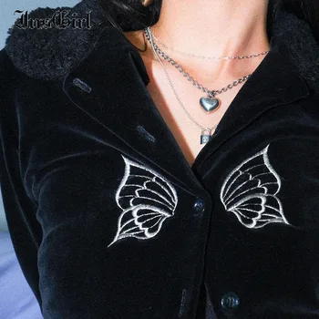 InsGirl Harajuku Center Goth Punk majica s kratkimi rokavi Ženske Temno Gothic Letnik Seksi Proti-vrat Metulj Vezene Dolg Rokav Jopico Tee Vrh