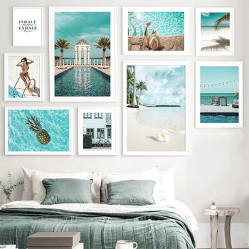 Morje, Plaža, Ananas Dekle Bazen Nordijska Plakatov In Fotografij Wall Art Platno Slikarstvo Stenske Slike Za Dnevna Soba Dekor
