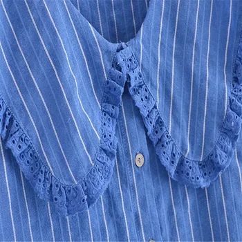 Za 2021 Retro Modro Črtasto Majico Ženske Kratke Puff Rokav Openwork Vezenje Bluzo Ženska Moda Gumb Gor Poletnih Vrh