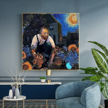 Smešno Art Van Gogh in Sončnice in Modro Zvezdnato Nebo Plakatov in Fotografij Platna Slike Stenskih slikah, za Dnevna Soba Dekor