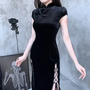 Poletje Dolgo Obleko Temne Strani Visoko Vratu Ženske Obleke Kitajski Cheongsam Harajuku Bodycon Dress Vintage Obleko Split