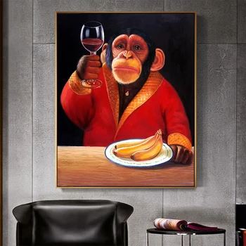 AHPAINTING Wall Art Platno Slikarstvo Živali, Fotografijo, Plakat, Opica Šimpanz Pitje Vina Kajenje Dnevni Sobi Doma Dekor Brez Okvirja