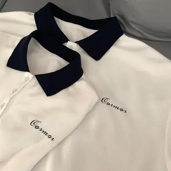Polo Ovratnik White Kratka Sleeved Obleko za Ženske 2021 Poletje Elegantno Novo Preppy Stil za Vse -Ujemanje Par Obrabe