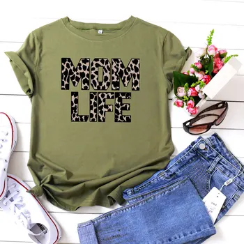 Ženske T-shirt Bombaža, Kratek Rokav Mama Življenje Leopard Tiskanja Ženska Majica s kratkimi rokavi O-Vratu Harajuk Vrh Tees Femme