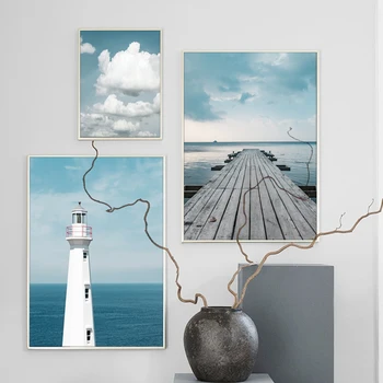 Nordijska blue ocean čoln svetilnik plakat pogled na morje wall art tisk dnevna soba stenski sliki doma dekoracijo platno slikarstvo
