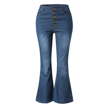 2021 Moda za Ženske Jeseni Elastična Plus Svoboden Denim Gumb Žep Priložnostne Boot Cut Hlače visok pas, jeans