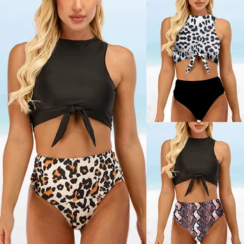 Leopard Natisniti Visoko Pasu Kopalke Ženske 2021 Nove Seksi Visoko Rez Bikini Plažo Kopalke Ženska Kača Tiskanja Brazilski Biquini