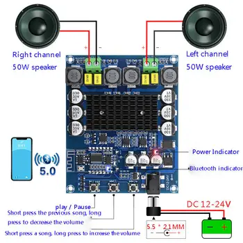 1pc TPA3116D2 Bluetooth 5.0 Digitalni Ojačevalnik Odbor Audio Stereo 2x50W DC 12-24V