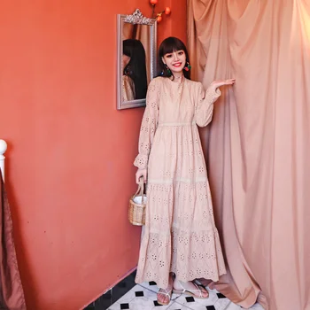 Modni O-Vratu Vezenino Dolgo Haljo Femme Elegantno Muslimanskih Oman Puff Rokav Svoboden Bombaž Obleke 2021 Novo Arabskem Oblačila