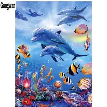 Diamond Slikarstvo Morskih scensko Celoten Krog živali Dolphin vzorec Križ Vezenje 5D Podvodni svet poletje slog, otroci slikarstvo