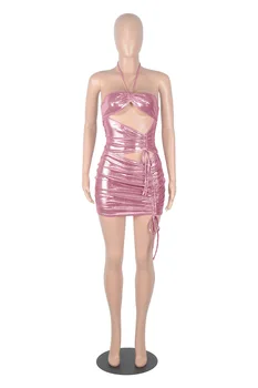 ANJAMANOR Seksi Poletne Glitter Party Night Klub Obleke za Ženske 2021 izrežemo Vrvico Ruched Povoj Mini Obleka D36-CA24