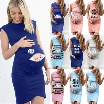 2020 Poletje Materinstva Ženske Obleke Nosečnosti Obleke Cut Baby Catoon Tiskanja Mama Oblačila Kratek Seleeve Noseča Ženska Oblačila
