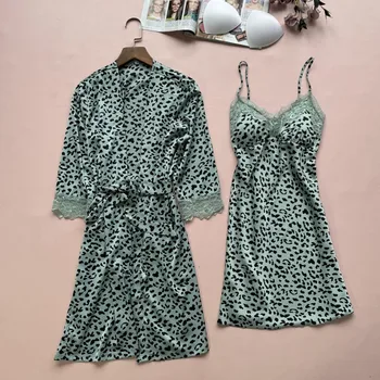 Haljo Nastavite Ženske Leopard Sleepwear Seksi Kimono Kopalni Plašč Obleke Intimno Perilo Poletje Nove Priložnostne More Seksi Homewear