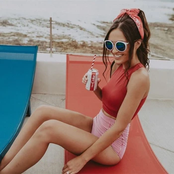 Nova Visoko Pasu Bikini Tiskanja Rdeče Trakove Visoko Vratu Kopalke ženske Plaži Šport Kopalke Brazilija Biquini Ženska Lahko kopalke