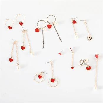 2018 Nove Rdeče srce ljubezni-oblikovan Spusti uhani Koreja asimetrične uhani za ženske Dekle Stranka Nakit Darilo oorbellen brinco