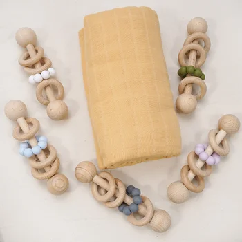 Otroška igrača-lesena teether silikonsko zapestnico baby klopotec Silikonski Fitnes Igrače Zob obroč Igrače