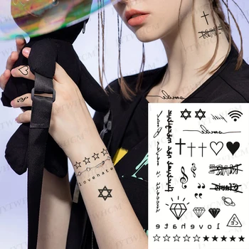 Tattoo Nalepke Nepremočljiva Začasne Tetovaže Black Angleški Pismo Križ Star Diamond Flash Vratu Zapestje Ponaredek Tatoo Za Moške, Ženske