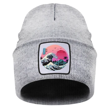 Veliko Retro Val Tiskanja klobuk za ženske Beanie Klobuk Toplo Zimo Priložnostne Dihanje Pletene Klobuk Človek Hip Hop Street skullies kapa