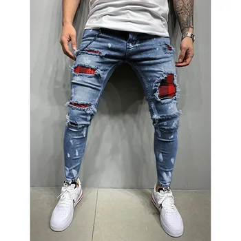 Luknjo ripped kavbojke moški Slim Fit Skinny jeans Hip hop modo Ulične mozaik kavbojke Elastičnost Gothic hlače moški