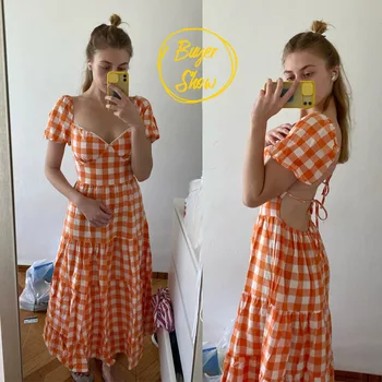 Aproms Elegantno Oranžna Kariran Dolgo Maxi Bombaž Obleka Ženske 2021 Poletje Backless zvezal Osnovne A-linija Obleke Visoko Modo Sundress