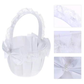 7 * 7 cm Beli Saten Obroč Nosilec za Vzglavnik in Čipke Cvet Dekle Košarico Poročno Dekoracijo Dobave Set