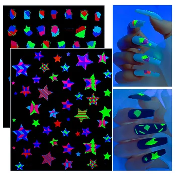 Fluorescentne Barve Svetlobne Nalepke za Nohte 3D Grafiti Star Lok Rose Barve Blok Geometrijske samolepilne Dekoracijo Nohtov