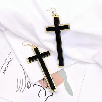 Evro-Ameriški Stil Dolgo Črno Krščanski Križ, Veliki Uhani Pretirana Geometrijo Osebno Izjavo Vere Eardrop Nakit