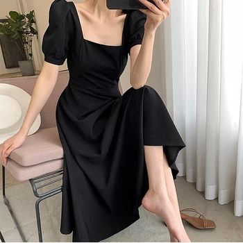 Eleganten Stranka Dolga Obleka Ženske 2021 Poletje Kvadratnih Ovratnik Puff Rokav Bela Črna Obleke Plus Velikost obleko vestidos