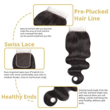 Brazilski človeških las, zaprtje 4x4 Čipke Zaprtje Telo Val 12-22 palčni Brezplačno Del Za Black Ženske, Otroške Lase Pred Oskubljene Naravne Barve