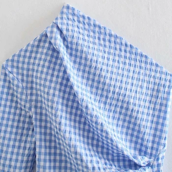XEASY Ženske 2021 Moda Naguban Asimetrija Preverite Vintage Bluze Eno Ramo Nazaj Gumb-Up Ženske Majice Blusas Elegantna Vrhovi