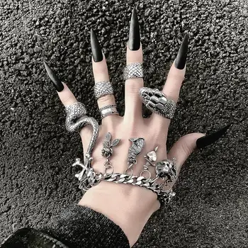 Retro težkih kovin temno Gotska ulica, hip-hop grozo python split punk 4 štiri-delni ženski prstan iz moški