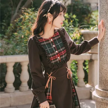 2021 Nove Rjave Ulične Ženska Vintage Oblačil Žensk Velvet Kariran Obleke Cottagecore Poletje Pomlad Visoko Pasu Ruffles Obleko