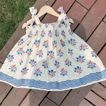 Otroška dekliška oblačila, bombaž francoski pastorala slog Preprost modri cvet tiskanja brez rokavov suspender obleko