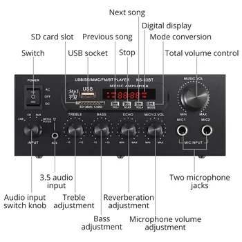 Brezžična tehnologija Bluetooth-združljivo Digitalno Preamp KS-33BT Domov Avtomobilski Stereo Audio Ojačevalnik HiFi Glasbeni SD, USB, FM Z Mikrofonom Vhodi
