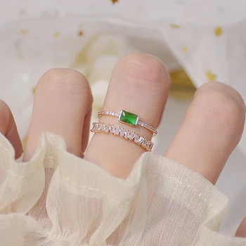 Korejski vroč modni nakit 14K resnično zlata electroplated baker vdelan cirkon obroč dvojna zelena kvadratnih kristalno ženske odprt obroč