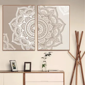 Zen Joga Plakat Mandala Cvetlični Platno Slikarstvo Bež Nevtralne Barve Boho Wall Art Tiskanje Slik Dnevni Sobi, Doma Notranjo Opremo