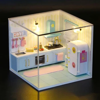 DIY Lesene Lutke Miniaturni s Svetlo Pohištvo Ustvarjalna Soba za Dekleta