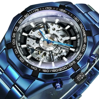 ZMAGOVALEC Uradni Moški Skeleton Votlih avtomatska ura Za Moške Mehanske Ročne ure Jekla Trak Modri Moda Reloj Hombre