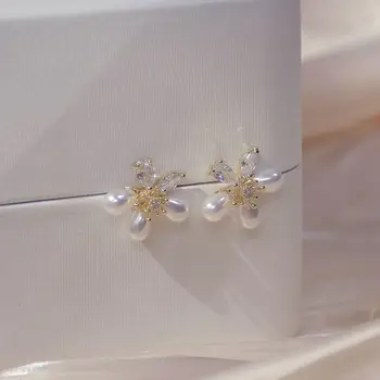 14k Pravi pozlačeni Modni Nakit Kristalno Pearl Cvet Lepe Stud Uhani za Ženske Počitnice Stranka Elegantno Uhan